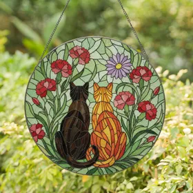 Two Mosaic Cats Colorful Carnation Daisy - Home Decor Gift for Cat Owners Stained Glass Suncatcher