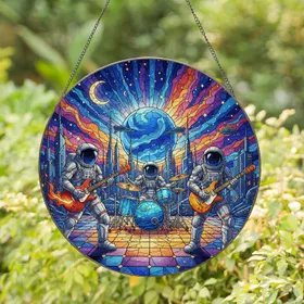 Astronauts Playing Music Cosmic Cityscape Scene - Home Decor Gift for Space Lover Stained Glass Suncatcher