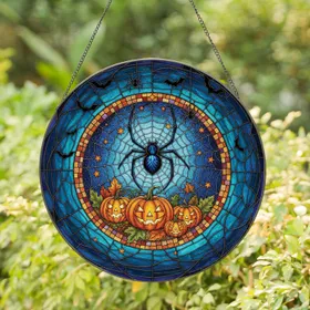 Black Spider Spiderweb Halloween Pumpkins Bats - Halloween Party Gift for Spider Lover Stained Glass Suncatcher