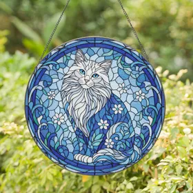 Fluffy Blue Eyed Cat Stained Glass Floral Mosaic Home Decor Gift for Cat Lover Stained Glass Suncatcher