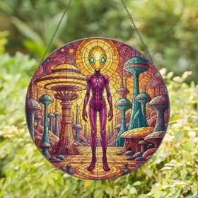 Alien Figure Fantastical Cityscape - Home Decor Gift for Alien Lover Stained Glass Suncatcher