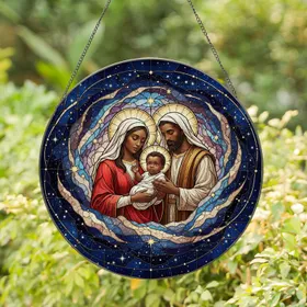 African American Holy Family Cosmic Starry Night - Christmas Gift for Believers Stained Glass Suncatcher