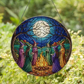 Witches Bonfire Full Moon Night Sky - Home Decor Gift for Witchcraft Lovers Stained Glass Suncatcher