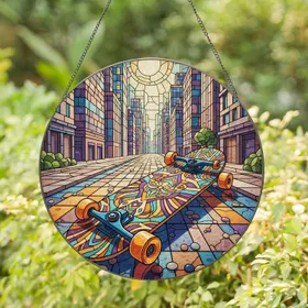Skateboard Tribal Urban City Streetscape Architectural Building Home Decor Gift Stained Glass Suncatcher