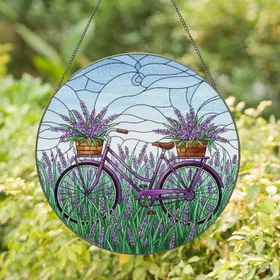 Vintage Purple Bicycle Lavender Field - Home Decor Gift for Garden Lover Stained Glass Suncatcher