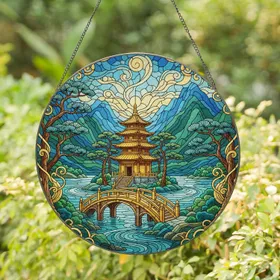 Majestic Golden Pagoda Bridge Teal Water Pine Tree Filigree Landscape - Home Decor Gift Stained Glass Suncatcher