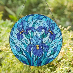 Blooming Blue Flowers Aqua Leaves Tendril Mosaic - Home Decor Gift for Garden Lover Stained Glass Suncatcher