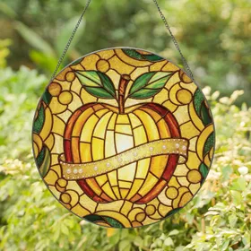 Apple Golden Ribbon Pearlescent Beads Green Leaves Brown Stem Swirling Forms - Home Decor Gift Stained Glass Suncatcher