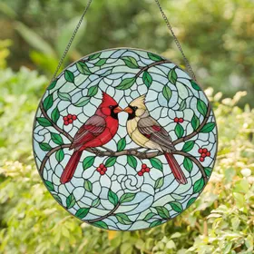 Cardinal Couple on Branch - Wildlife Home Decor Gift for Bird Lover Stained Glass Suncatcher