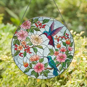 Hummingbird Flower Blossom Berry Branch - Home Decor Gift for Garden Lover Stained Glass Suncatcher