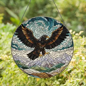Black Eagle Soaring Mountain Peaks Sky - Wildlife Lover Home Decor Gift Stained Glass Suncatcher