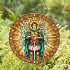 Archangel Michael Feathered Wings Golden Armor Silver Sword - Spiritual Home Decor Gift Stained Glass Suncatcher