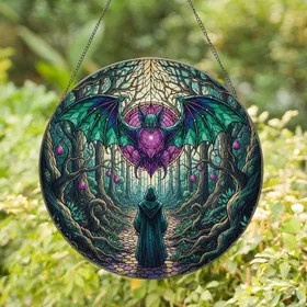 Mystic Forest Hooded Figure Bat Creature with Spread Wings - Home Decor Gift Stained Glass Suncatcher