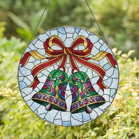 Festive Bells Bow Ribbons Frosted Ice Snow Swirls - Christmas Holiday Decor Gift Stained Glass Suncatcher
