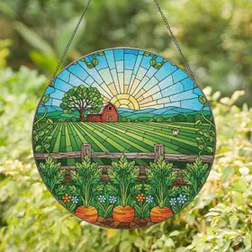 Carrot Harvest Farm Barn - Farmhouse Home Decor Gift for Garden Lover Stained Glass Suncatcher