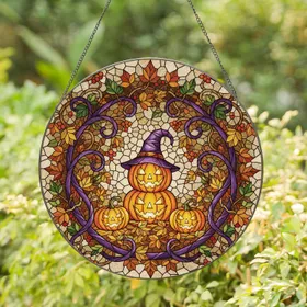 Glowing Jack-O'-Lanterns Wizard Hat Autumn Vines - Halloween Party Home Decor Stained Glass Suncatcher