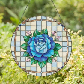 Multi-layered Blue Rose Floral Metallic Scroll Mosaic - Home Decor Gift Stained Glass Suncatcher