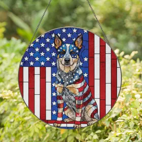 Blue Heeler American Flag - Independence Day Gift for Veterans Home Decor Stained Glass Suncatcher