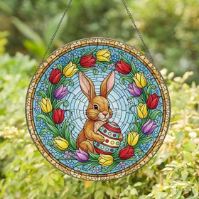 Brown Bunny Easter Egg Tulips - Easter Home Decor Gift Stained Glass Suncatcher
