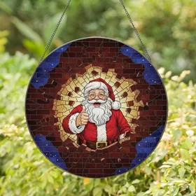 Santa Claus with Wide Smile Bursting Brick Wall Night Sky - Christmas Holiday Gift Stained Glass Suncatcher