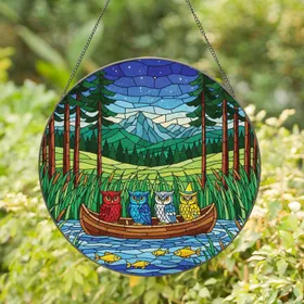Four Owls Canoe Forest Hills Starry Sky Water Scene - Home Decor Gift for Owl Lovers Stained Glass Suncatcher