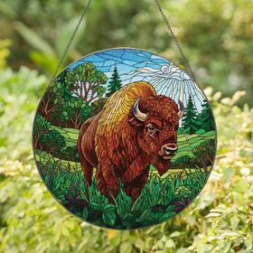 American Bison Rolling Hills Landscape - Wildlife Lover Home Decor Gift Stained Glass Suncatcher