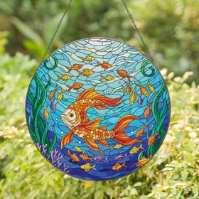 Tiffany Stained Glass Orange Fish Underwater Scene Home Decor Gift for Aquatic Lover Stained Glass Suncatcher