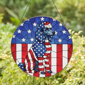 Black Poodle American Flag Independence Day Gift for Dog Lovers Stained Glass Suncatcher