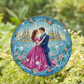 Romantic Couple Fantasy Castles Roses - Wedding Anniversary Home Decor Gift Stained Glass Suncatcher