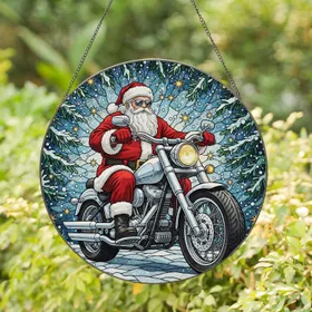 Santa Claus Biker Sunglasses Chrome Motorcycle - Christmas Holiday Gift Stained Glass Suncatcher
