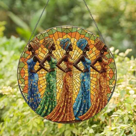 African Women Profile Headwraps Gowns Radiating Geometric Mosaic - Home Decor Gift Stained Glass Suncatcher