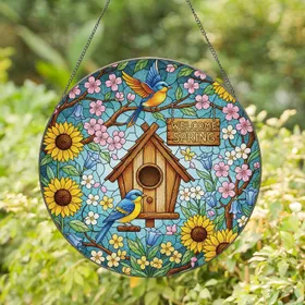Birdhouse Blue Yellow Bird Welcome Spring Flowers - Seasonal Home Decor Gift Stained Glass Suncatcher