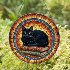 Black Cat Antique Book Stack - Home Decor Gift for Cat & Book Lovers Stained Glass Suncatcher