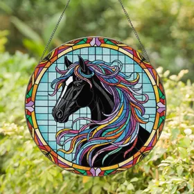 Black Horse Head Multi-Colored Mane with Geometric Sky - Home Decor Gift for Horse Lover Stained Glass Suncatcher