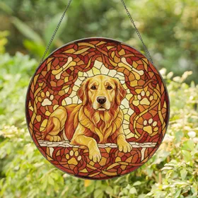 Golden Retriever Paw Prints Bone Vine - Everyday Home Decor Gift for Dog Owners & Lovers Stained Glass Suncatcher