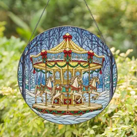 Winter Village Carousel Horses - Christmas Home Decor Gift Stained Glass Suncatcher