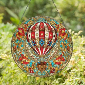 Vintage Hot Air Balloon Gold Filigree Card Suit Foliage Mosaic - Home Decor Gift Stained Glass Suncatcher