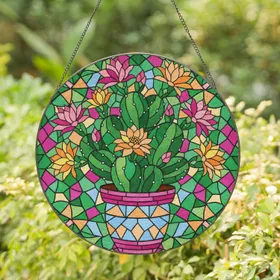 Cactus Plant with Fuchsia Pink Yellow Flowers and Buds - Home Decor Gift for Plant Lover Stained Glass Suncatcher