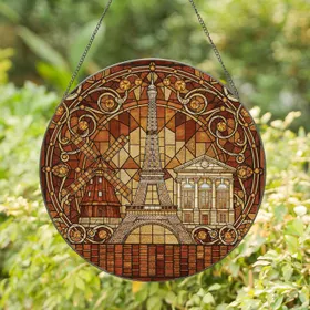 Eiffel Tower Windmill Buildings Scrollwork - Home Decor Gift Stained Glass Suncatcher