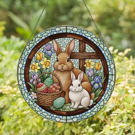 Brown Rabbit Baby Easter Eggs Woven Basket Spring Flowers - Easter Home Decor Gift Stained Glass Suncatcher