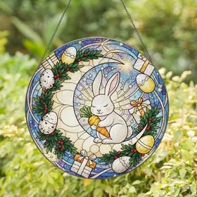 White Bunny Carrot Crescent Moon Easter Eggs - Easter Home Decor Gift Stained Glass Suncatcher