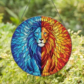 Full-Bleed Piercing Blue Eyes Lion Mosaic - Home Decor Gift for Wildlife Lovers & Animal Fans Stained Glass Suncatcher