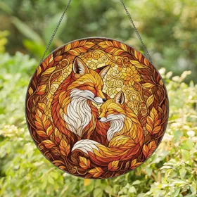 Loving Fox Embrace Autumn Woodland - Wildlife Home Decor Gift Stained Glass Suncatcher