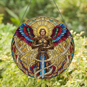 Archangel Golden Armor Multi-Colored Wings Celestial Mosaic - Home Decor Gift Stained Glass Suncatcher