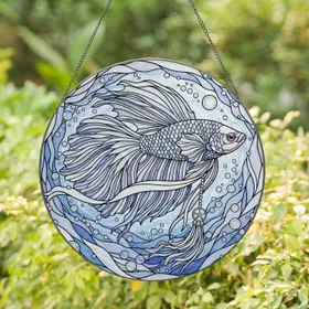 Betta Fish Flowing Fins Silver Tassel Star Emblem Water Currents - Aquatic Lover Home Decor Gift Stained Glass Suncatcher