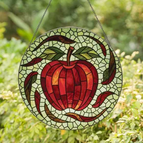 Vibrant Plump Red Apple Dark Brown Stem Green Leaves Home Decor Gift for Garden Lover Stained Glass Suncatcher