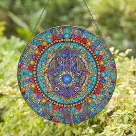 Ornate Hamsa Hand Jewel Gemstone Beaded Feather Geometric Rings - Home Decor Gift Stained Glass Suncatcher