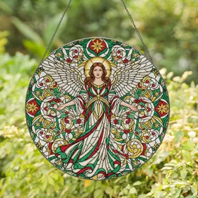Graceful Angel Holly Berries Stars Flowing Wings - Holiday Home Decor Gift for Angel Lover Stained Glass Suncatcher