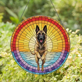 Belgian Malinois Leaping Dog Sunset Ocean - Home Decor Gift for Dog Owners Stained Glass Suncatcher