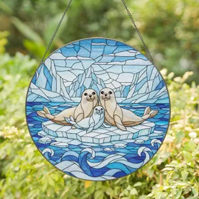 Family of Three Seals Ice Floe Arctic Scene - Wildlife Lover Decor Gift Stained Glass Suncatcher
